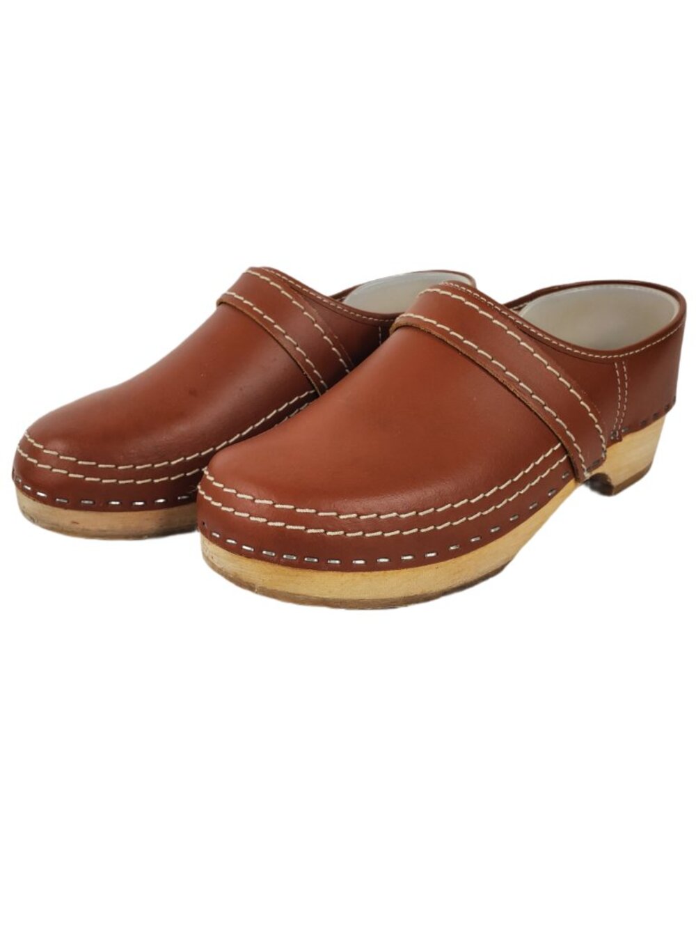 Simson Holland Closed Back Wooden Clogs Brown Leather Upper Size 40